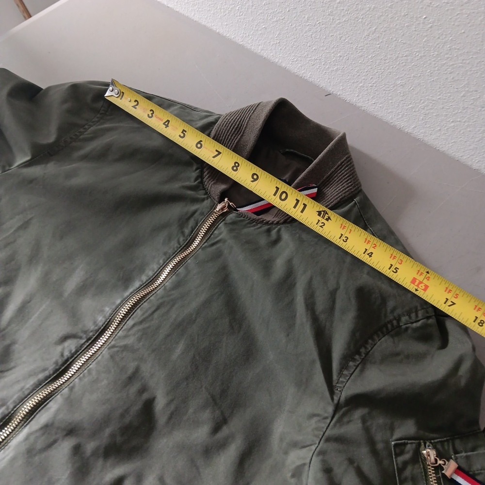Tommy Hilfiger Canvas Bomber Jacket Womens Medium Green Khaki FLAG Back Retro - Picture 9 of 12